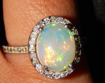 14k Gold Fire Opal Ring: Vintage Art Deco Moissanite Halo Minimalist Opal for Christmas