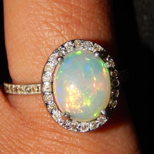 14k Gold Fire Opal Ring: Vintage Art Deco Moissanite Halo Minimalist Opal for Christmas