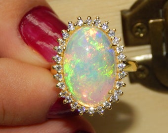Opal Ring 14k Yellow Gold Christmas Gift Art Deco 12x16 mm Opal Ring October Birthstone Cocktail Opal Oval Cut Anniversary Gift Women's Ring