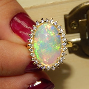 Opal Ring 14k Yellow Gold Christmas Gift Art Deco 12x16 mm Opal Ring October Birthstone Cocktail Opal Oval Cut Anniversary Gift Women&#39;s Ring