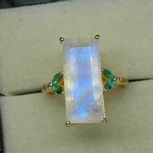 Emerald Cut Moonstone Ring: 14k Yellow Gold, Natural emerald Sterling Silver Art deco Christmas
