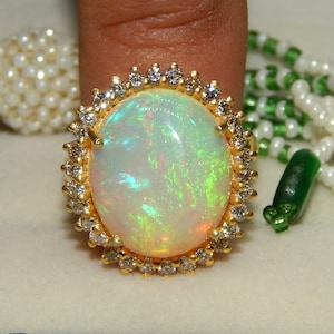 14k Gold Fire Opal Ring: Diamond Halo, Art Deco Ring October Birthstone For Christmas