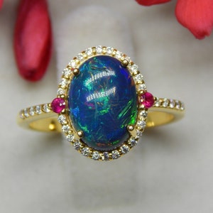 Natural Black Opal Ring, 14k Gold Ring, Opal Diamond Ring, Burma Ruby Ring, Opal Engagement Ring, Promise Ring For Her, Opal Ruby Ring