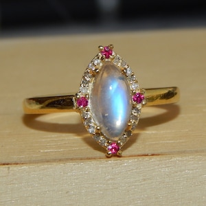 Rainbow Moonstone Ring: Burma Ruby & Moissanite, 925 Sterling Silver Minimalist Christmas