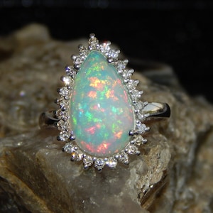Natural Fire Opal Diamond Ring: 14K Gold Wedding Engagement Statement Ring For Christmas