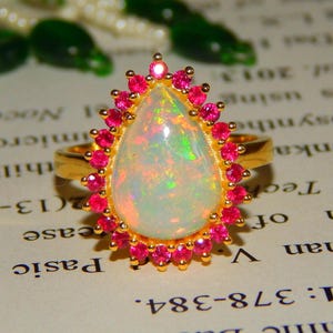 Natuurlijke vuuropaal robijn ring 14K gouden art-deco vintage verlovingsring geboortesteen oktober