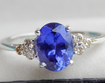 AAA Tanzanite Ring, Natural Diamond Ring, 925 Sterling Silver Ring, Tanzanite Wedding Anniversary Ring, Solitaire Ring, Art Deco Ring