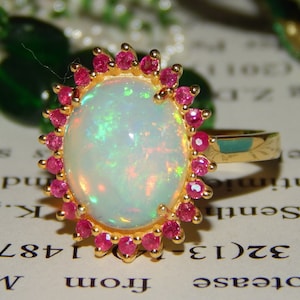 Natural Opal Ring 14k Yellow Gold Oval Cut Opal Ring Natural Ruby Ring Engagement Ring Art Deco Promise Ring October Birthstone Women&#39;s Ring