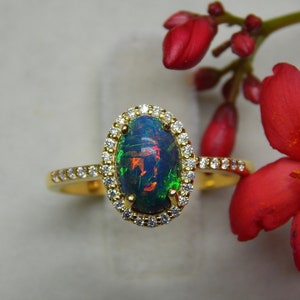 Natural Black Opal Ring, 14k Gold Ring, Opal Diamond Ring, Opal Wedding Engagement Ring, Promise Ring For Her, Certified Gemstone, Halo Ring