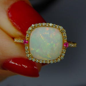 14k Gold Fire Opal Ring: Ruby Accent, Art Deco Style Cocktail Christmas Moissanite Halo