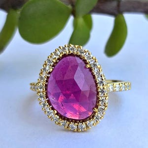 Natural Ruby Ring, Halo Statement Art Deco 925 Sterling Silver Engagement Ring, Mother's Day Gift