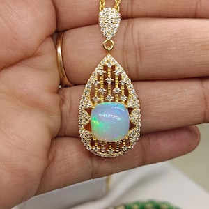 Art Deco Fire Opal Pendant: 14K Gold, Moissanite Halo Vintage opal Necklace