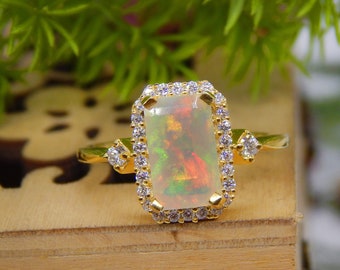 Natürlicher Feueropal Ring, 14k Goldring, Opal Diamant Ring, Opal Verlobungsring, Vintage Opal Ring, Zertifizierter Edelstein, Opal Art Deco Ring