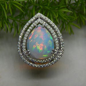 14k Gold Fire Opal Ring: Pear Halo, October Birthstone Victorian Style Cocktail Ring Christmas
