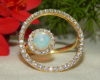 Natural Fire Opal Ring, 14k Gold Ring, Opal Diamond Ring, Opal Wedding Ring, Opal Halo Vintage Ring, Certified Gemstone, Opal Cocktail Ring