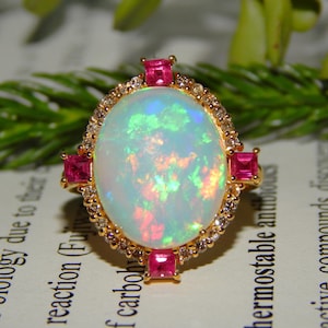 Vintage 14k Yellow Gold Opal Ruby Ring: Diamond Halo Cocktail Victorian Style Ring Christmas