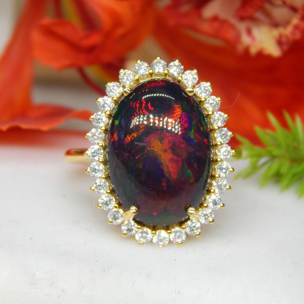 Natural Black Opal Ring, 14k Gold Ring, Opal Engagement Anniversary Ring, Opal Diamond Halo Ring, Vintage Black Opal Ring, Gift For Women