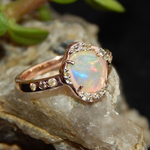 Fire Opal Ring, 14k Gold Ring, Opal Diamond Ring, Engagement Anniversary Ring, Vintage Opal Ring, Certified Gemstone, Ring For Bridal