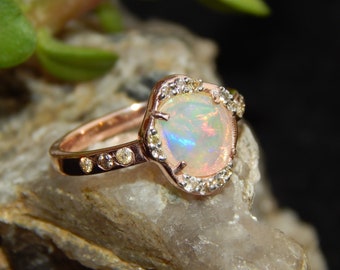 Genuine Fire Opal Ring 14k Rose Gold Solitaire Engagement Opal Ring Oval Cut Mother's Day Gift Natural White Opal Ring Gift For Mom