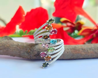 Anillo de turmalina y moissanita: anillo de cóctel de plata de ley 925, joyería llamativa
