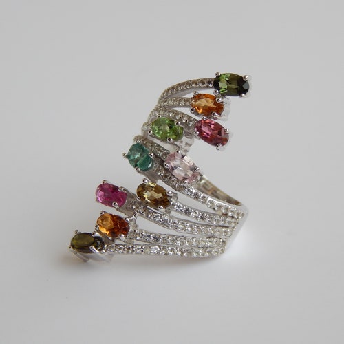 Multi Tourmaline Ring With White Topaz 925 Sterling Silver Big Engagement Anniversary Ring Christmas shops Gift October Birthstone Women Ring