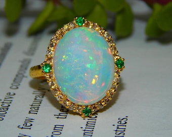 Vintage Opal Ring, 14k Gold Diamond Emerald Engagement Ring October Birthstone For Anniversary Gift