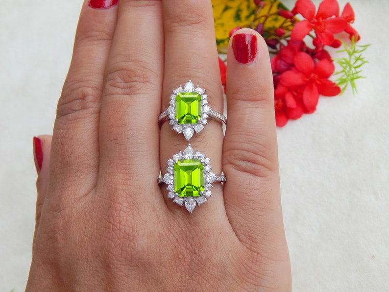 Natural Peridot Ring, Diamond Ring, Engagement Anniversary Ring, Certified Gemstone, Ring For Women, Promise Ring For Her, Peridot Halo Ring image 7