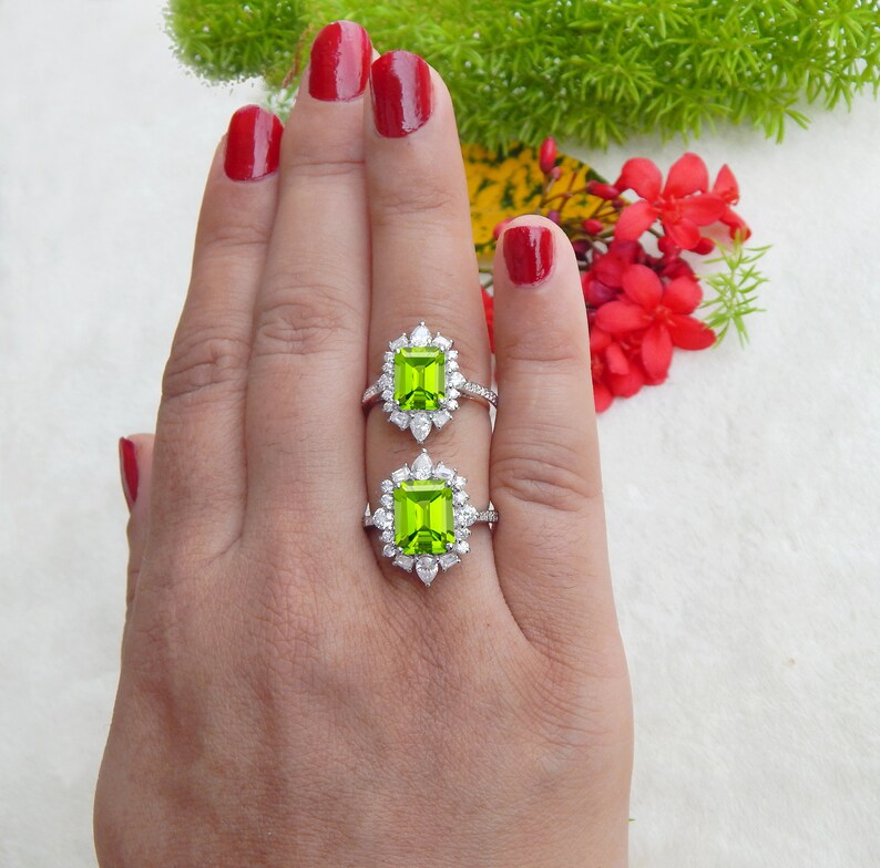 Natural Peridot Ring, Diamond Ring, Engagement Anniversary Ring, Certified Gemstone, Ring For Women, Promise Ring For Her, Peridot Halo Ring image 6