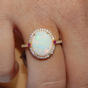 Natural Fire Opal Ruby Ring: 925 Sterling Silver, Moissanite Halo 14k Gold Oval Minimalist