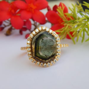 Halo Watermelon Tourmaline Ring: Vintage Moissanite 925 Silver Bio color Tourmaline Minimalist personalised