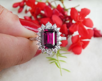 Anillo de granate rodolita natural, anillo de granate piropo, anillo de compromiso, anillo de granate morado, piedra preciosa certificada, anillo de promesa, regalo del Día de la Madre