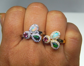 Natural Opal Tourmaline Ring Pink Tourmaline Sterling Silver October Birthstone