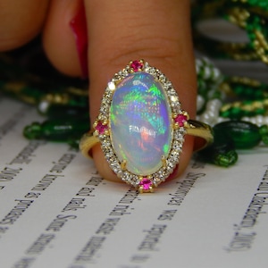 Art déco, opale de feu, rubis, or 14 carats, cocktail vintage, bague de fiançailles, cadeau d'anniversaire