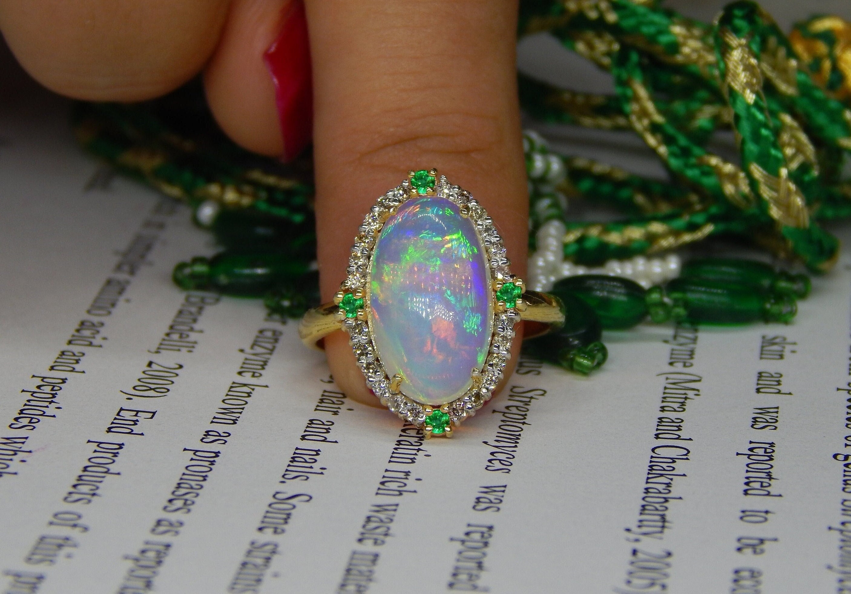 Natural Fire Opal Ring 14k Yellow Gold Ring Oval Cut Art Deco Opal Ring Valentine's Day Gift Green Emerald Ring Birthday Gift Cocktail Ring