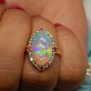 Multi Fire Opal Ring 14k Rose Gold Ring Oval Cut Cabochon Christmas Gift October Birthstone Ring Vintage Opal Ring Art Deco Gift For Her