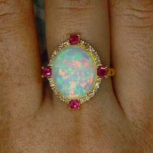 Anello vintage con opale, oro 14 carati e rubino, anello cocktail con diamanti naturali e anello di fidanzamento, gioiello con pietra portafortuna di ottobre.