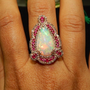 Victorian Pear Fire Opal Ring: 14k Gold Diamond Ruby Halo Cocktail Ring For Christmas