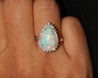 Natural Fire Opal Diamond Ring 14K Gold Engagement Vintage October Birthstone