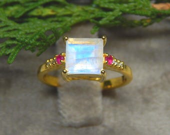 Natuurlijke regenboog maansteenring, 925 sterlingzilveren robijnrode verlovingsring, jubileumcadeau edelsteensieraden