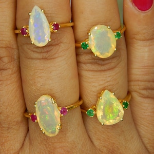 Natural Fire Opal 14k Gold Ring: Emerald Ruby Accent minimalist Ring For Christmas