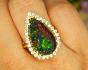 Vintage Black Opal Engagement Ring 14k Gold Diamond Statement Ring