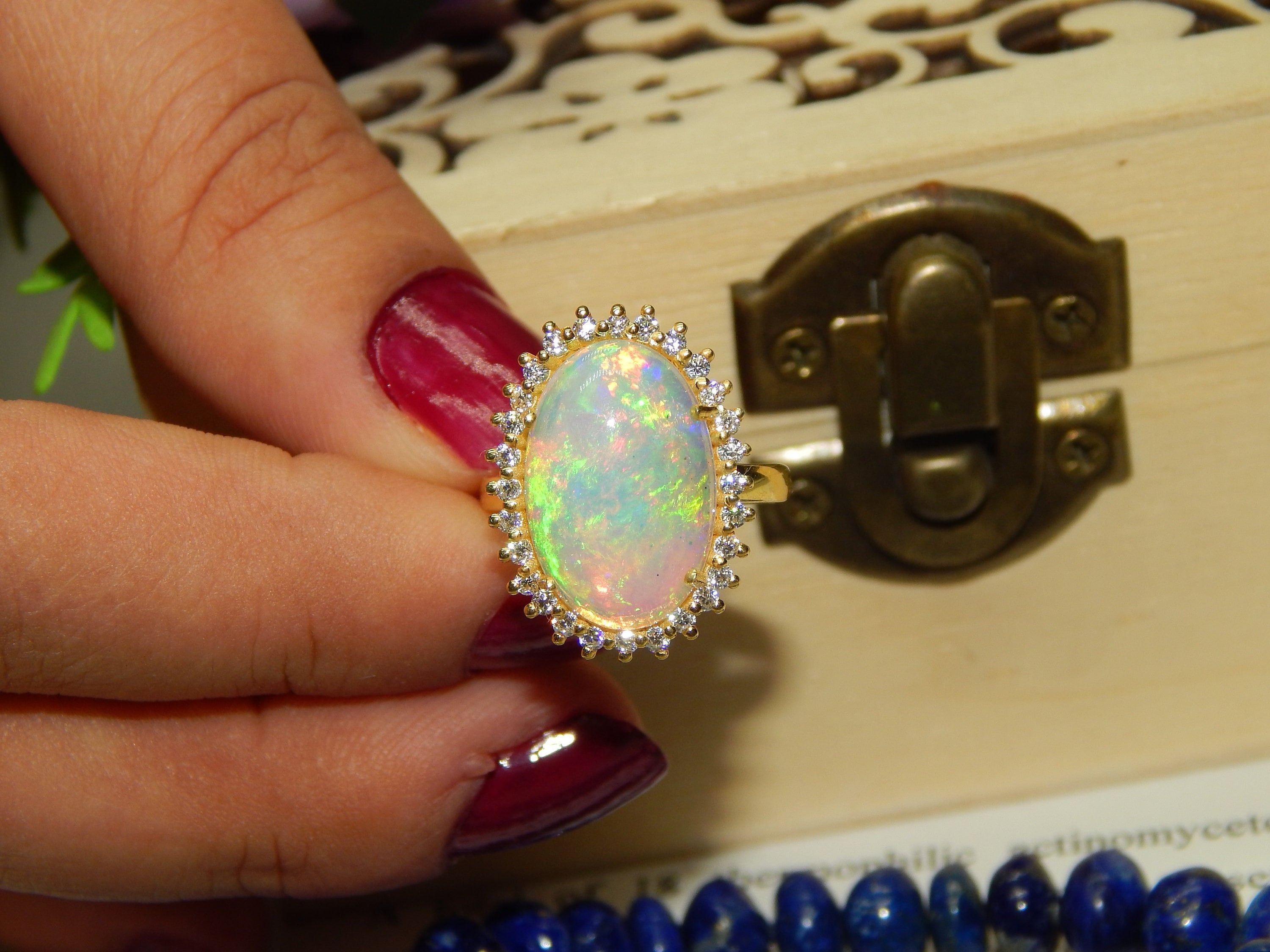 14k Gold Natural Fire Opal Ring Diamond Halo, October Birthstone Statement cocktail ring