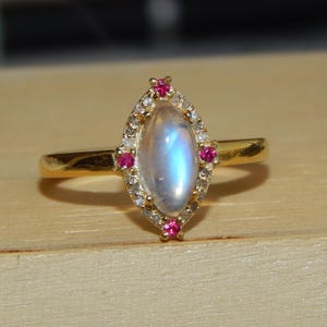 Rainbow Moonstone Ring Burma Ruby Moissanite, 925 Sterling Silver Minimalist Engagement Ring Gift