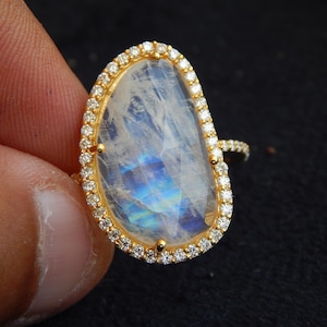 Rainbow Moonstone Ring: 14k Yellow Gold, Moissanite Accents blue fire cocktail ring