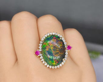 Vintage Black Fire Opal Ring, Large 17x20 mm Opal 14k Gold jewelry October Birthstone