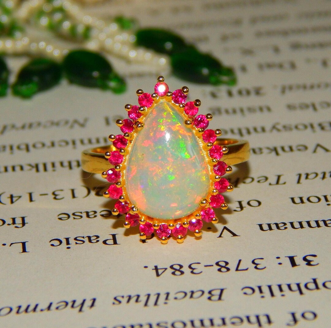 Natural Fire Opal Ruby Ring 14K Gold Art Deco Vintage Engagement Ring ...