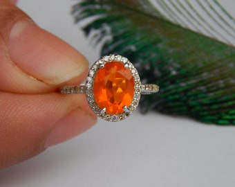 Mexican Fire Opal Ring, Opal Diamond Ring, 14k Gold Ring, Engagement Wedding Ring, Orange Opal Ring, Certified Gemstone, Opal Halo Ring