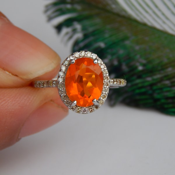 Mexican Fire Opal Ring, Opal Diamond Ring, 14k Gold Ring, Engagement Wedding Ring, Orange Opal Ring, Certified Gemstone, Opal Halo Ring