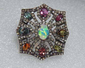 Natural Opal, Tourmaline Ring, 925 Sterling Silver, Cocktail Statement Gemstone Jewelry Anniversary Gift