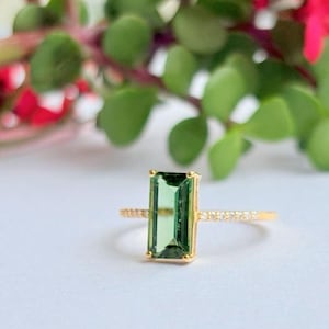 Art Deco Green Tourmaline Ring: 14k Gold Baguette, October Birthstone